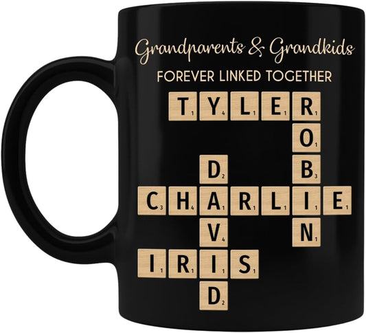 Family Forever Linked Together Custom Names Ceramic Mug, Crossword Puzzle Art, for Birthday, Anniversary or Special Occasions (Grandparents & Grandkids Forever Linked Together Black Mug)