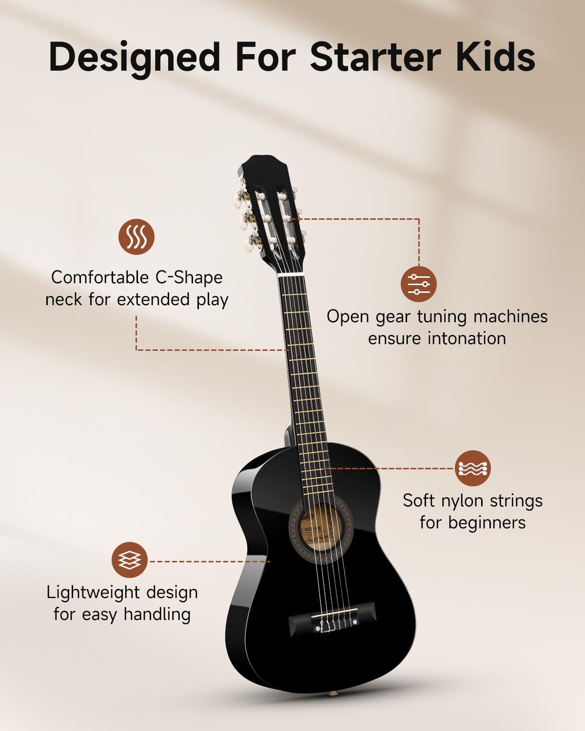 Moukey 30" Acoustic Guitar for Beginners Kids Youth 1/4 Size Dreadnought Guitarra Acustica Kit with Chord Poster, Gig Bag, Tuner, Picks, Nylon Strings, Capo, Strap - Black