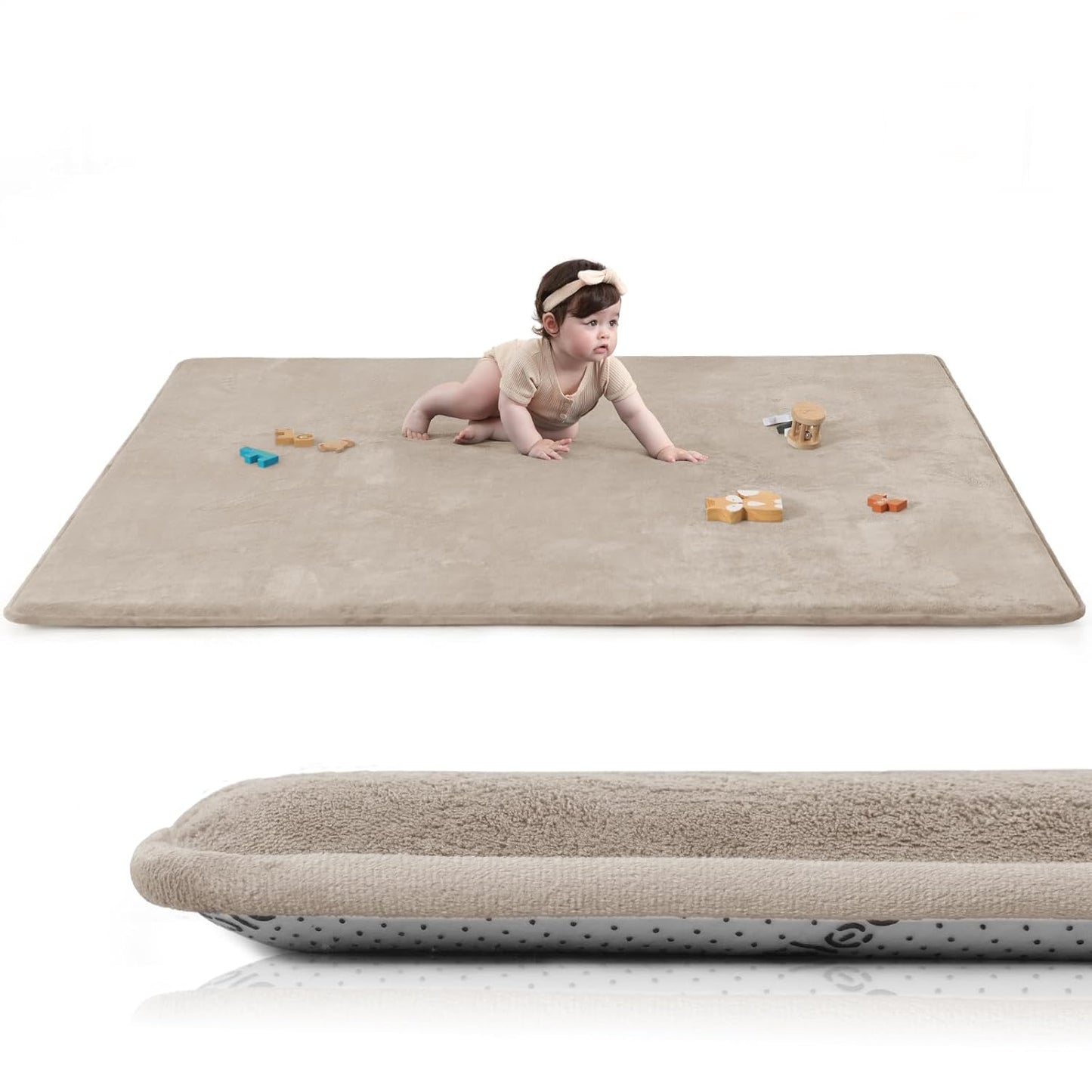 Baby Play Mat for Floor,1.3" Thick Elasti-Foam 50"×74" Playpen Mat for Tummy Time,Water Repellent Soft Coral Velvet for Toddler,Infant,Kids,Non-Slip Backing Safe for Crawling(Beige)