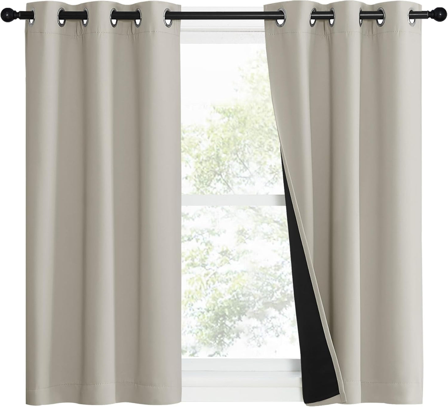 NICETOWN Natural 100% Blackout Lined Curtains, 1 Pair, 37" Width x 50" Length Each Panel, 2 Thick Layers Narrow Wide Window Treatment Panels Thermal Insulated Drapes for Kitchen Small Window