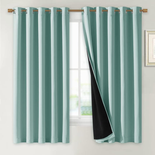 NICETOWN Aqua Blue 100% Blackout Lined Curtains, 2 Thick Layers Completely Blackout Window Treatment Thermal Insulated Drapes for Kitchen/Bedroom (1 Pair, 70" Width x 63" Length Each Panel)