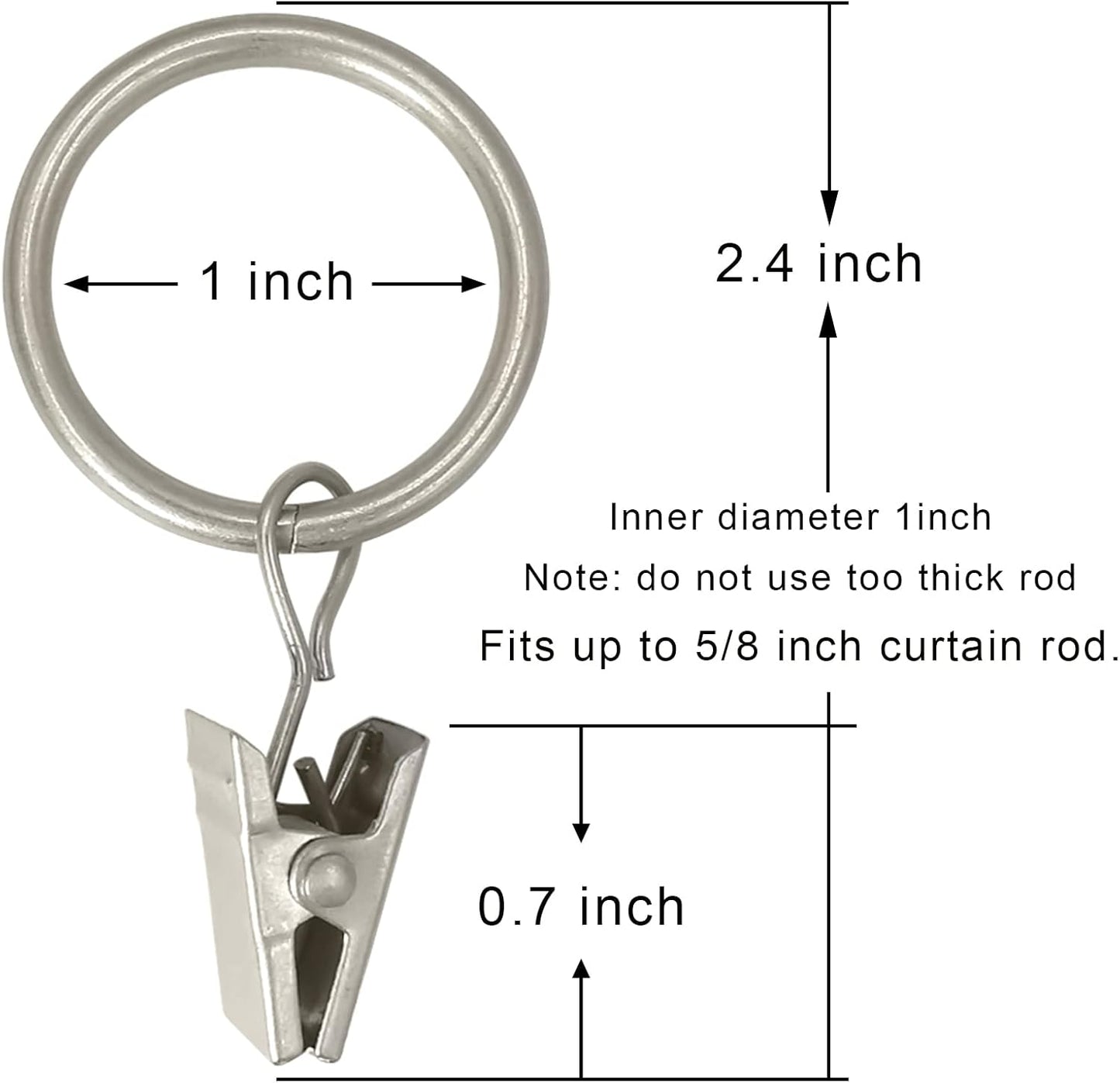 44 Pack Matte Silver Curtain Rings with Clips, Curtain Hooks Hangers Clip Rings for Hanging Drapes Bows Hat, Drapery Rings 1 in I D, Fits up to 5/8 in Diameter Curtain Rod.