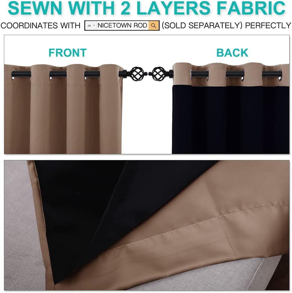 NICETOWN Warm Curtains for Winter, Complete Blackout Shades for Large Window Door, 100% Blackout Curtain Panels with Black Lined, 70 inches Width Each Panel, 95 inches Length, Cappuccino, 2 Pieces