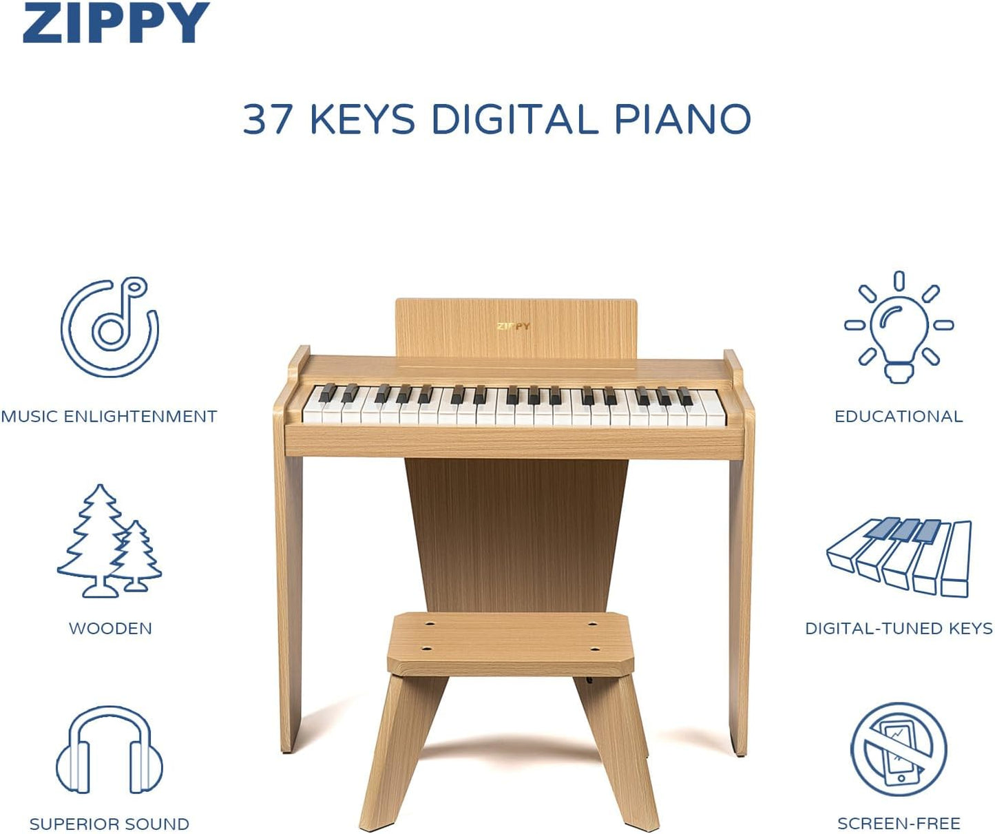 ZIPPY Kids Piano Keyboard, 37 Keys Digital Piano for Kids, Music Educational Instrument Toy, Wood Piano for 3+ Girls and Boys (Oak Basic)