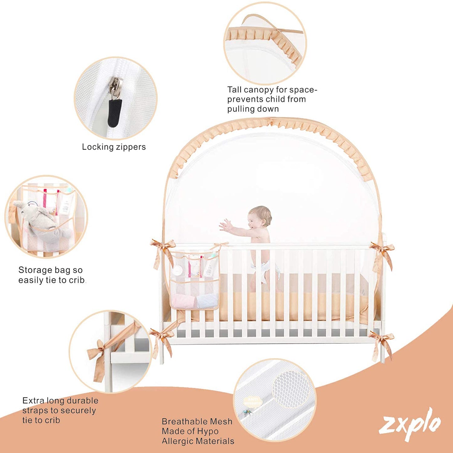 Baby Safety Crib Tent Infant Pop up Mosquito Net Nursery Bed Canopy Netting Cover - Keep Baby from Climbing Out with Hanging Diaper Storage Bag (Beige)