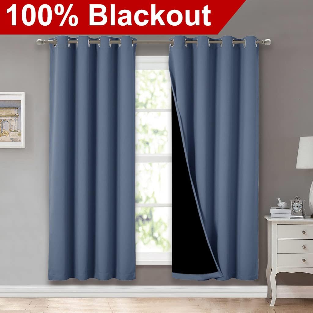NICETOWN Full Shade Curtain Panels 72 inches Long, Pair of Energy Smart & Noise Blocking Out Blackout Drapes for Guest Room Window, Thermal Insulated Lined Window Dressing (Stone Blue, 52x72)