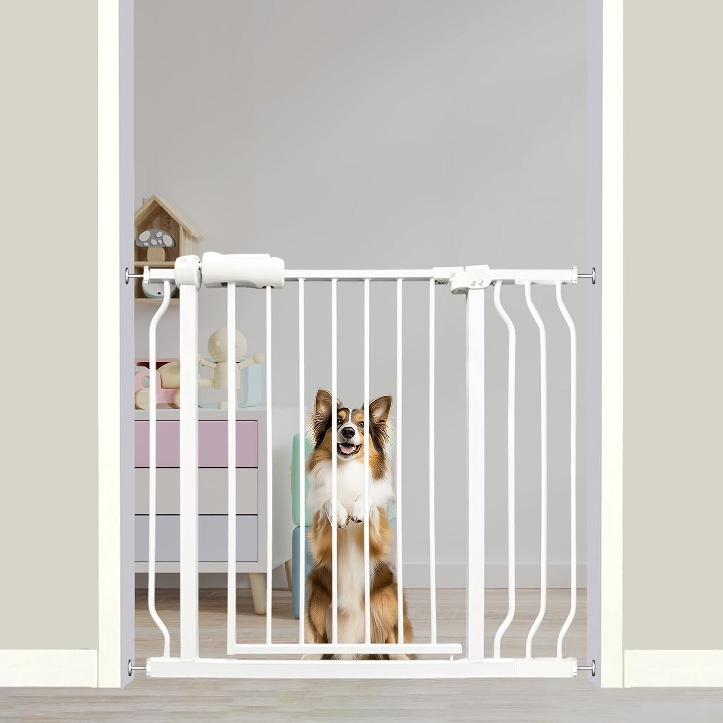 Auto Close Baby & Dog Gate 34-38.5 Inch, Tension Safety Gate Indoor, White Metal, Walk-Through Child Gate for Kids & Pets