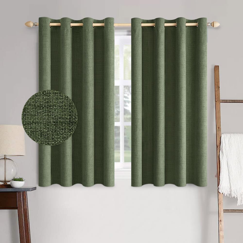 MIULEE 100% Blackout Linen Textured Curtains for Bedroom Solid Thermal Insulated Olive Green Grommet Room Darkening Curtains & Drapes Luxury Decor for Living Room Nursery 52 x 45 Inch (2 Panels)