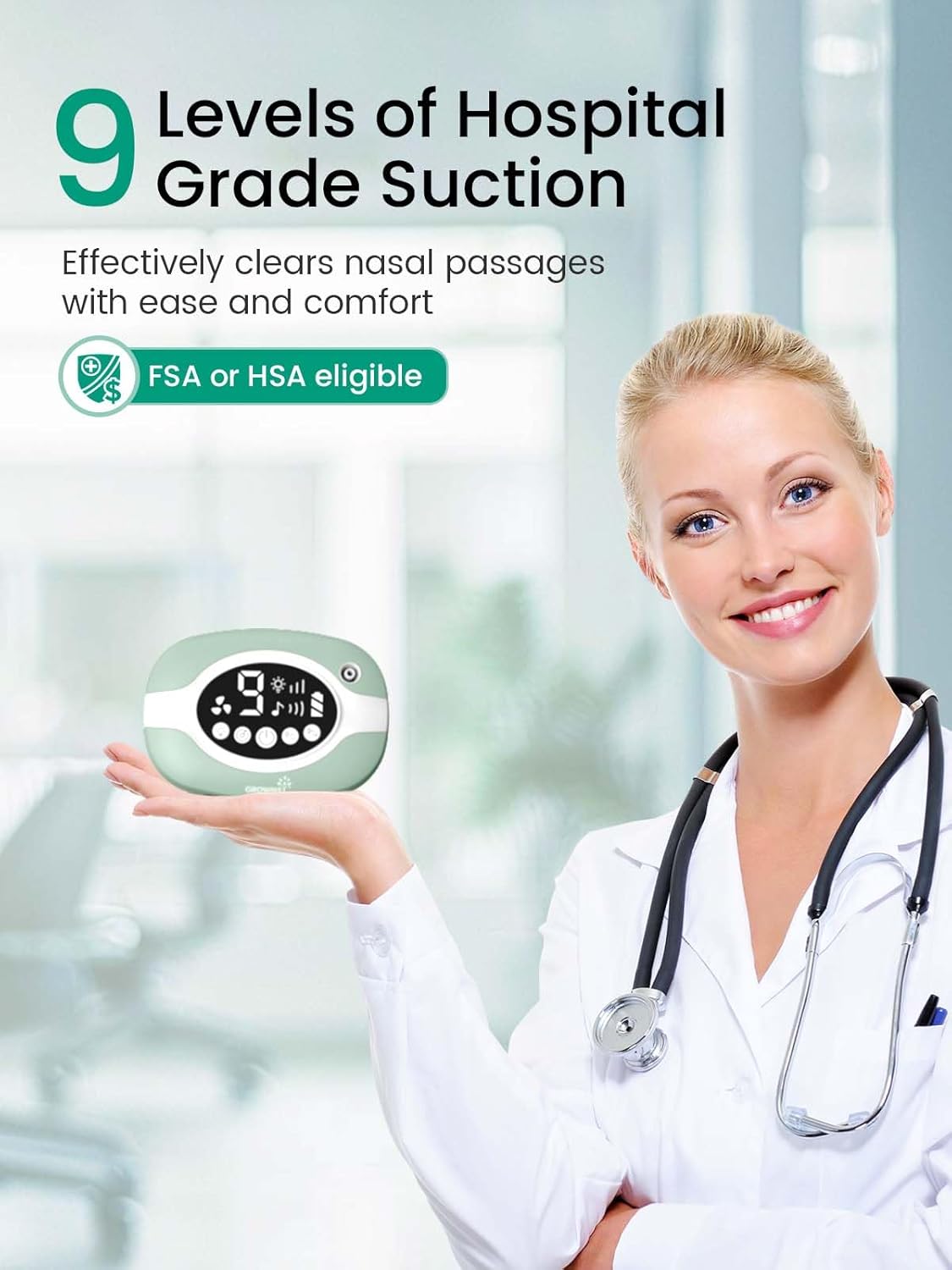 GROWNSY Electric Nose Suction for Baby, Hospital-Grade Nasal Aspirator with Night Light,Soothing Lullabies, Baby Nose Sucker with 9 Adjustable Suction Levels, Green