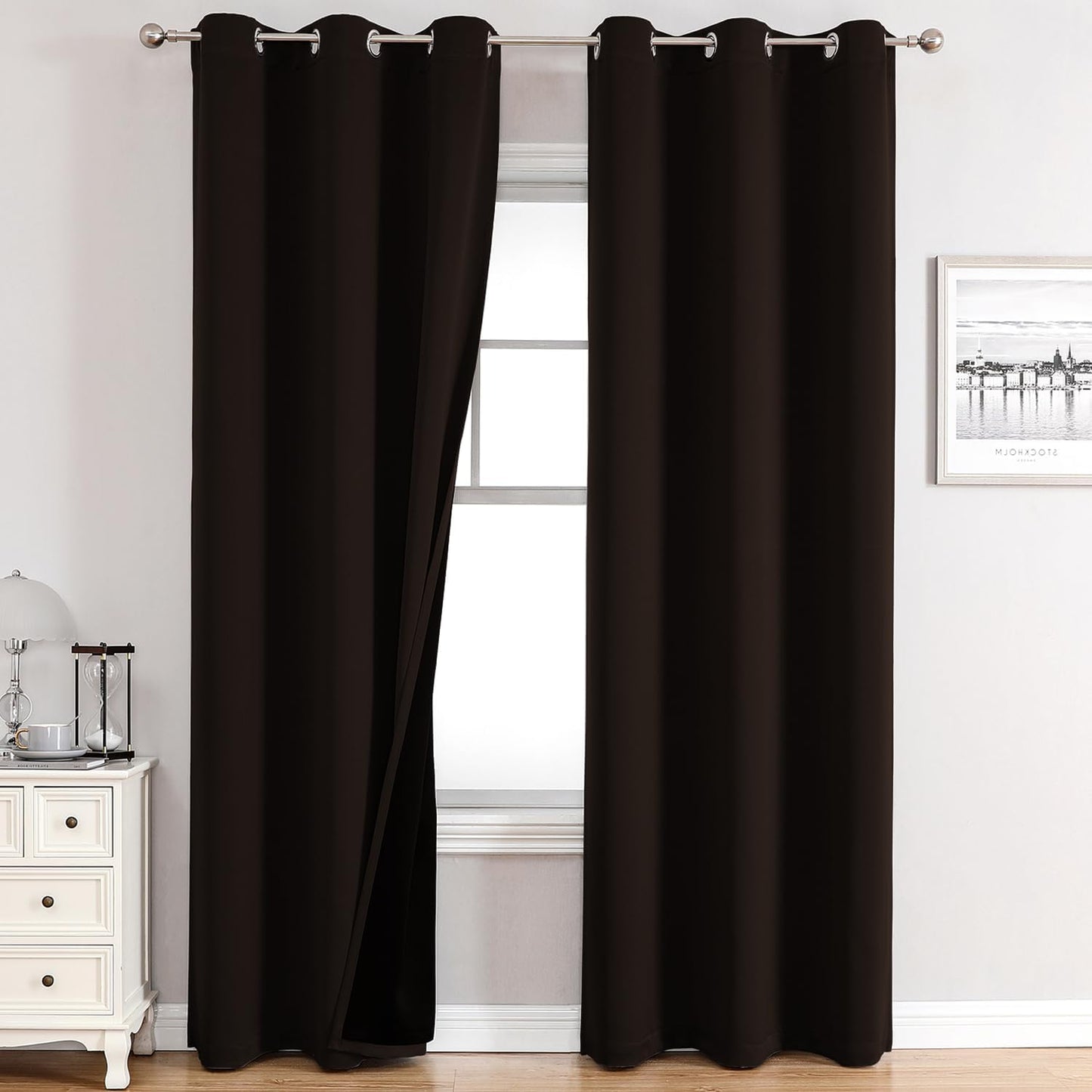 ChrisDowa 100% Blackout Curtains for Bedroom with Black Liner, 2 Thick Layers Total Blackout Thermal Insulated Grommet Window Curtains 2 Panels Set (Brown, 42 x 84 Inch)