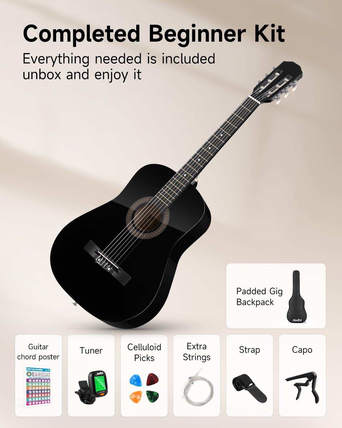 Moukey 38" Acoustic Guitar for Beginners Kids Youth Adult Dreadnought Guitarra Acustica Kit with Chord Poster, Gig Bag, Tuner, Picks, Nylon Strings, Capo, Strap - Black