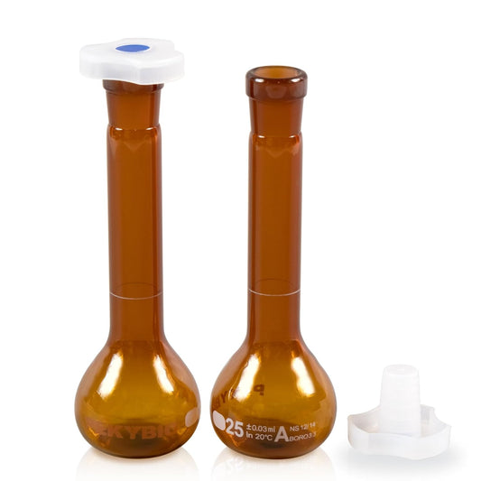 25ML Amber Volumetric Flask Set|ASTM Class A 3.3 Borosilicate Glass|Polypropylene Stopper|White Graduation|for Analytical Chemistry Work|2PCS