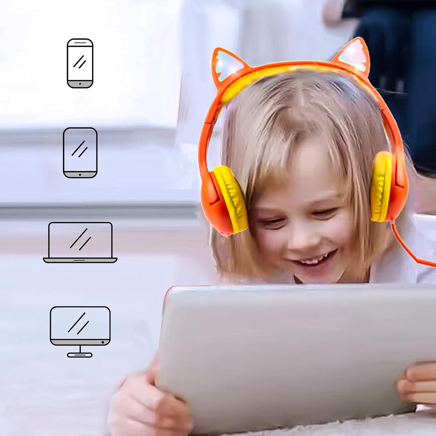 Olyre Kids Headphones Children Girls Boys Teens with LED Light Up and Sharing Port, Adjustable On Ear 3.5mm Jack Compatible School Cellphones Computer MP3/4 Tablets/E-Readers - Orange/Yellow