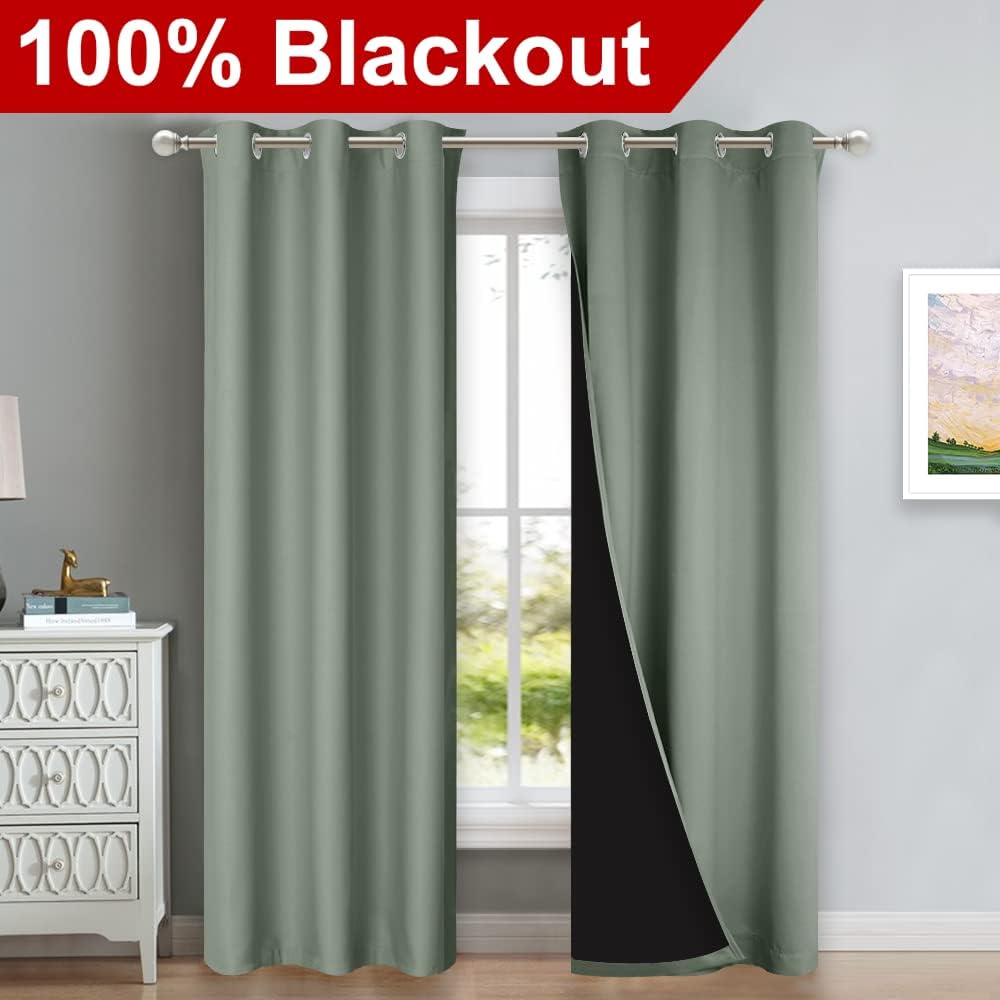 NICETOWN Greyish Green Blackout Curtains 84 inches Long, Full Light Blocking Drapes with Black Liner for Nursery, Thermal Insulated Draperies for Hall, Villa (2 Pieces, 42" Wide Each Panel)