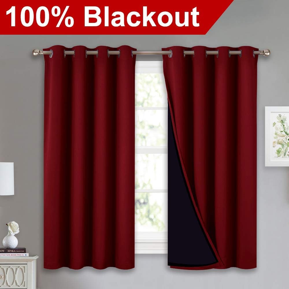 NICETOWN Kitchen Full Blackout Curtain Panels, Super Thick and Soft Insulated Window Covers, 100% Blackout Draperies with Black Backing for Cafe Window (Burgundy Red, Set of 2 PCs, 52 by 54-inch)