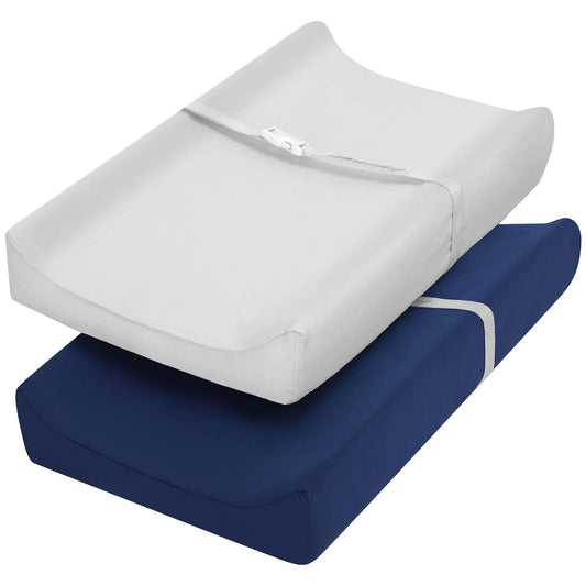 TILLYOU Changing Pad Cover Set in Soft Jersey Material - Fits 32"/34''x16 Contoured Pad for Babies, Navy Blue & Lt Gray