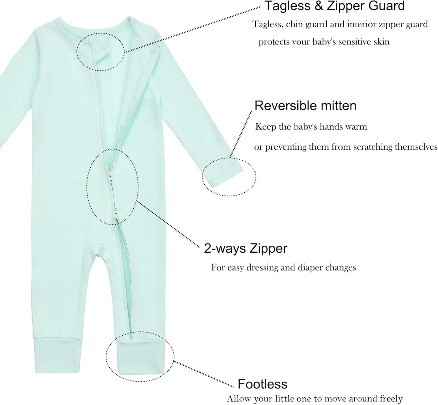 Aablexema 3-Pack Organic Cotton Baby Footless Pajamas with Mitten Cuffs, 2-Way Zipper Romper Sleepers
