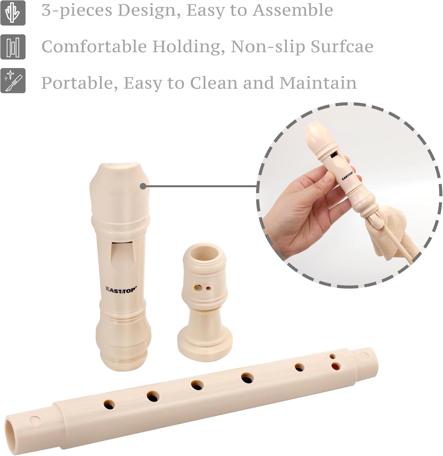 EAST TOP Soprano Recorder for Kids Beginners, 8 Hole Plastic German Fingering Flute Recorder 3 Piece with Cleaning stick, Cotton pouch, Fingering Chart, Colorful box (Ivory), as a gift