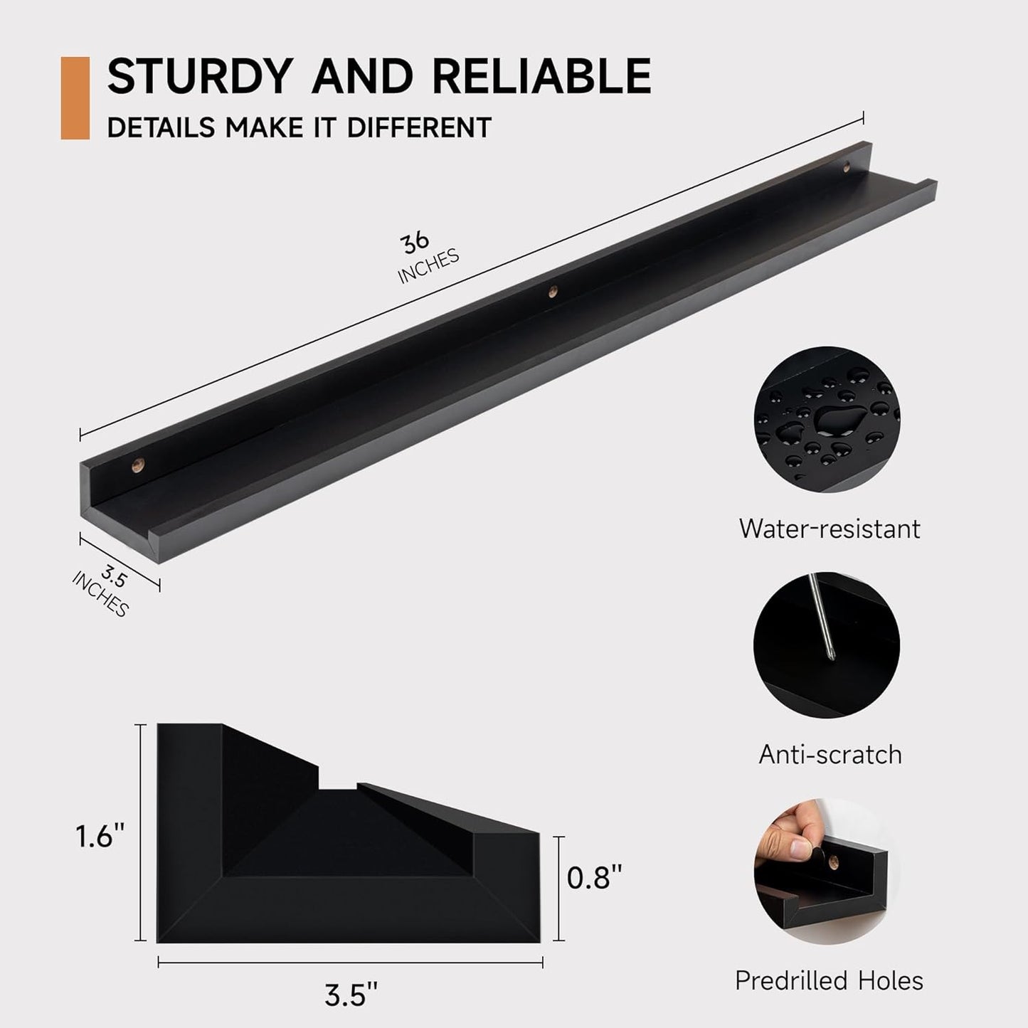 Fun Memories Picture Ledge Shelf, 36 Inch Floating Shelves Set of 2, Nursery Book Shelves for Toys Storage, Kids Bookshelf Wall Mounted for Wall Decor Books Photo Frames, Black