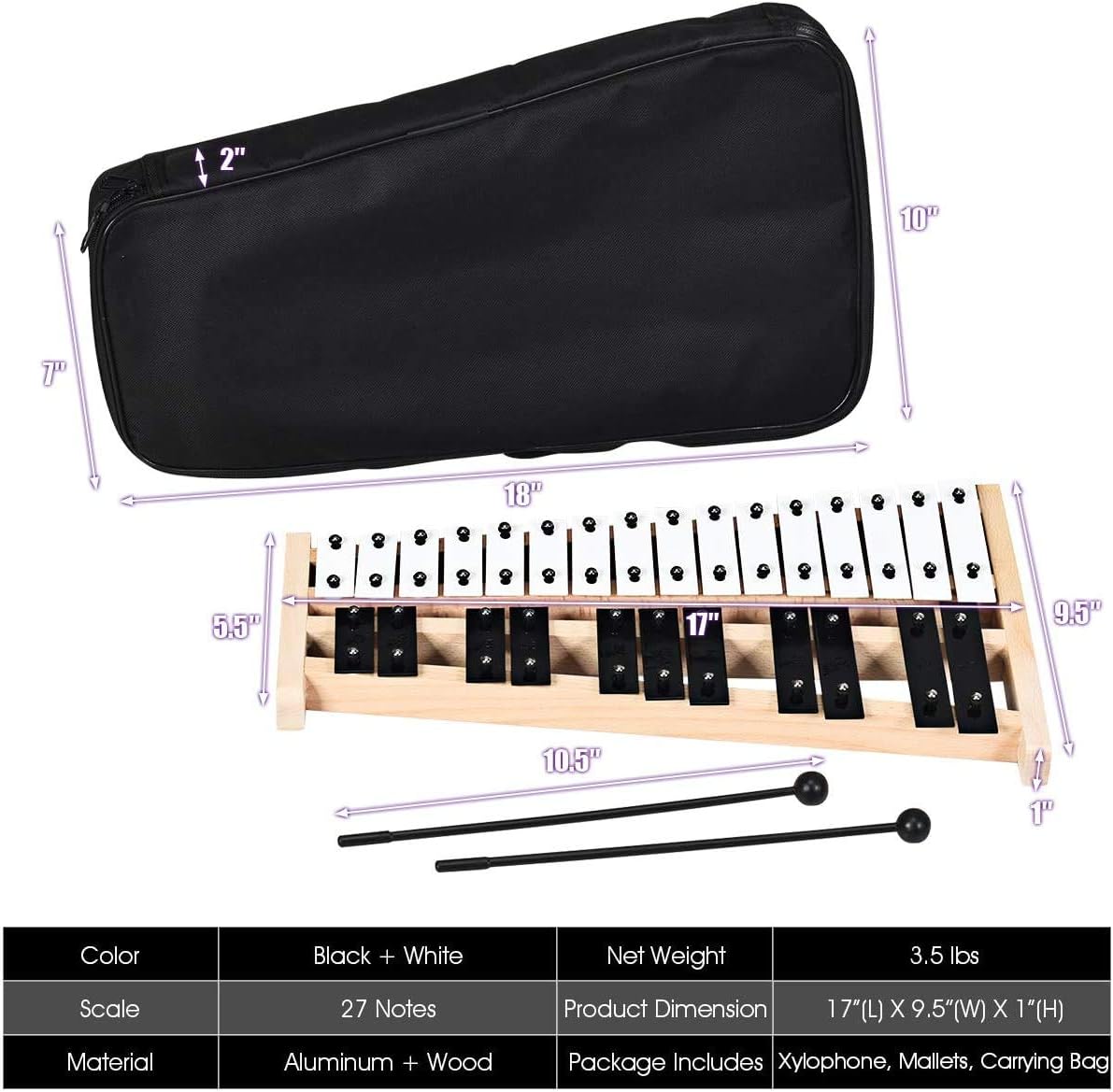 Giantex 27 Note Glockenspiel Xylophone, Percussion Instrument with Wood Base and 27 Metal Keys, Alto Full Size Glockenspiel Xylophone for Adults and Kids- Includes 2 Mallets and Carrying Bag