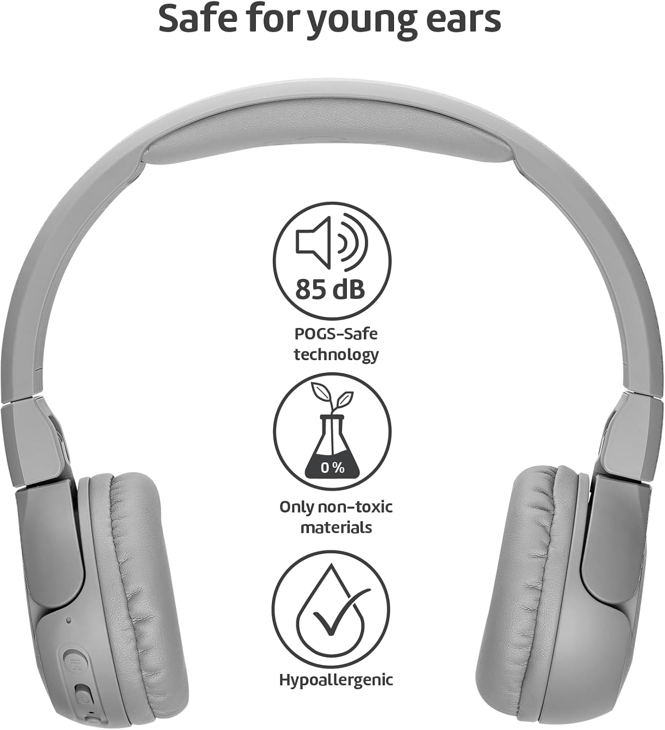 POGS Kids Bluetooth Wireless Headphones | The Gecko 2 | Foldable, Durable Headphones for Kids 3+ | Volume Limited 85 dB, Microphone | On-Ear | Wireless Music-Sharing Function (rGrey)