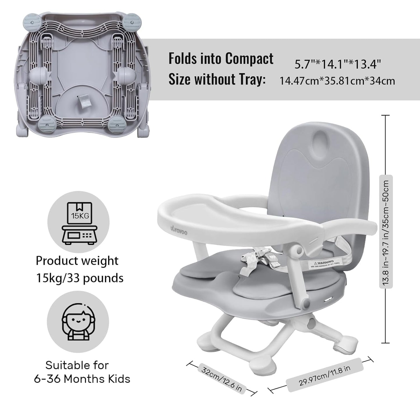 Baby Booster Seat for Dining Table with Removable Tray & Cushion, 3in1 Portable Toddler Booster Seat, 4 Height Adjustable Travel High Chair for Babies and Toddlers