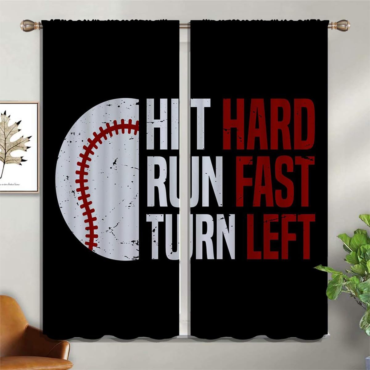 Baseball Blackout Curtains for Boy Girl Room Darkening Decor,Sport Theme Red and White Motto Dark Bedroom Living Room Home Rod Pocket Thermal Insulated Window Curtain/Drapes Panel,84x63 Inch…
