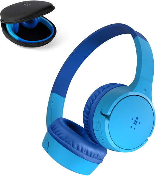 Belkin SoundForm Mini - Wireless Bluetooth Kids Headphones, 30H Battery, 85dB Safe Volume Limit, Built-in Microphone - Toddler On-Ear Earphones for iPhone, iPad - Ideal for School - Blue w/ Case