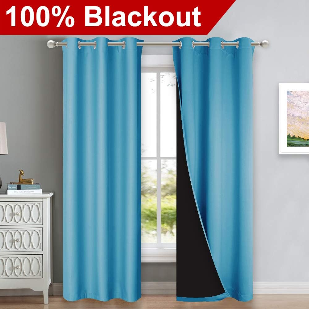NICETOWN Teal Blue Full Shade Curtain Panels, 37" Wide x 80" Long, Teal Blue, Pair of Thermal Insulated & Energy Efficiency Blackout Drapes for Living Room, Lined Silky Performance Window Dressing