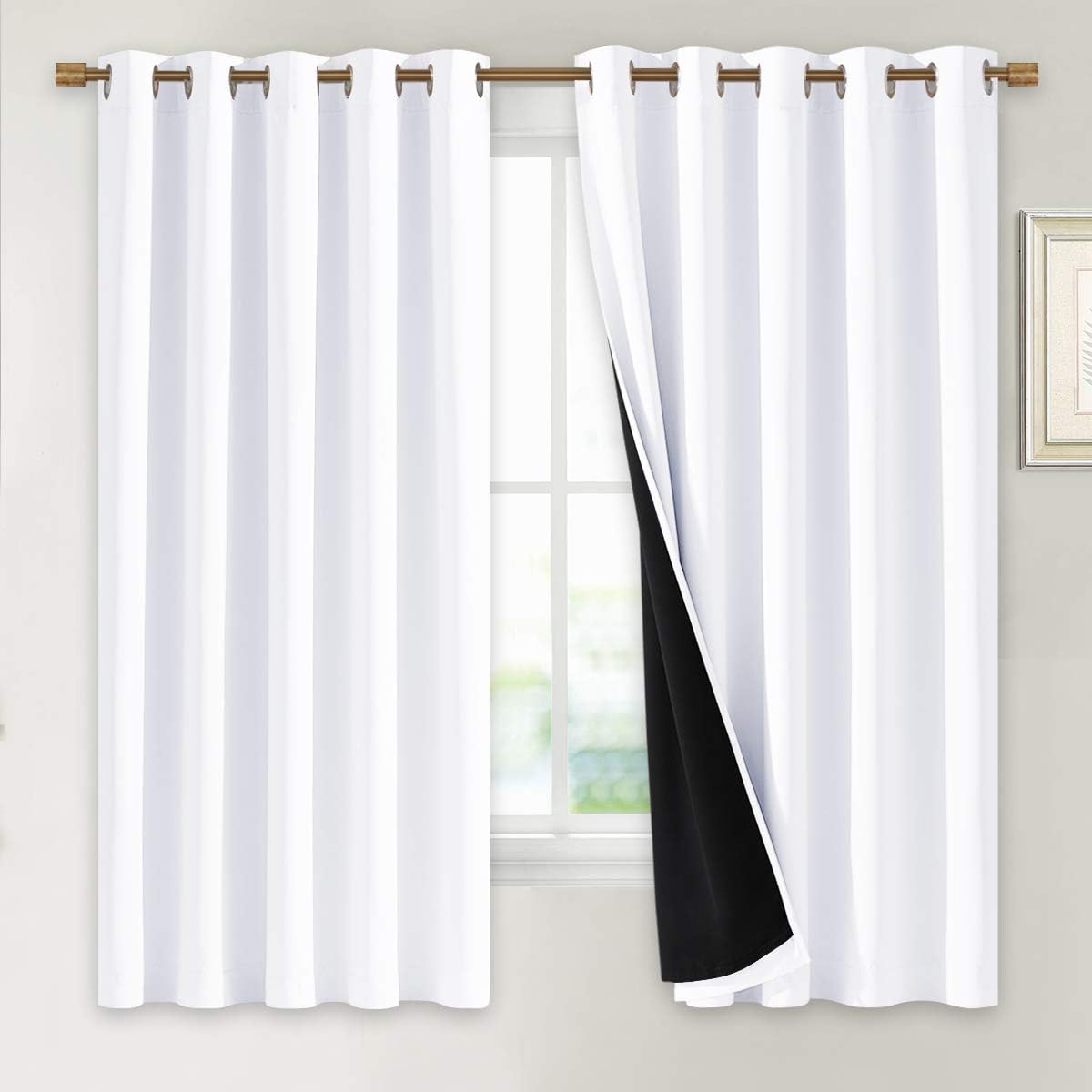 NICETOWN White 100% Blackout Lined Curtains, 2 Thick Layers Completely Blackout Window Treatment Thermal Insulated Drapes for Kitchen/Bedroom (1 Pair, 70 inches Width x 63 inches Length Each Panel)