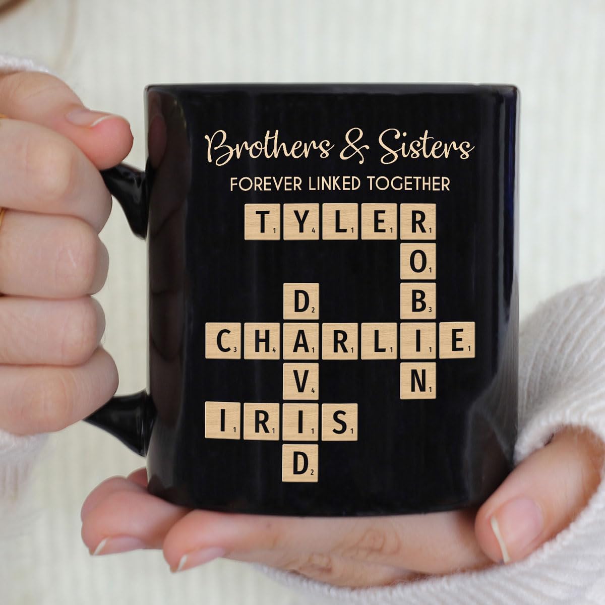 Trending Custom Brothers & Sisters Forever Linked Together Personalized Mug Brothers Sisters Crossword Puzzle Art Mug, Gift For Brothers, Sisters, Siblings, Family Member on Birthday Christmas