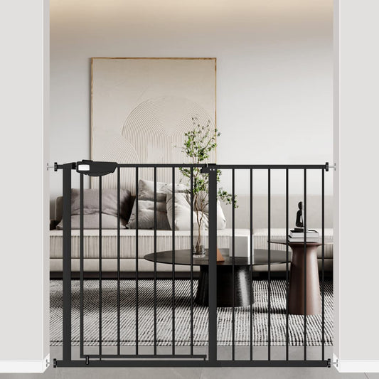 WAOWAO Triple Lock Baby Gate Extra Wide 44.48-48.42" Pressure Mounted Walk Through Swing Auto Close Safety Black Metal Dog Pet Puppy for Stairs,Doorways,Kitchen