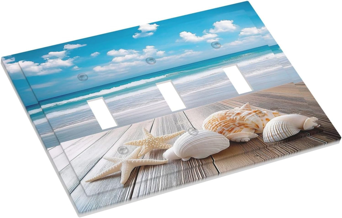 Decorative Switch Plates Beach Waves Brown Wood Starfish Shells 3 Gang Wall Plate Triple Toggle Light Switch Cover Faceplate Electrical Wall Panels For Bathroom Living Room Decor