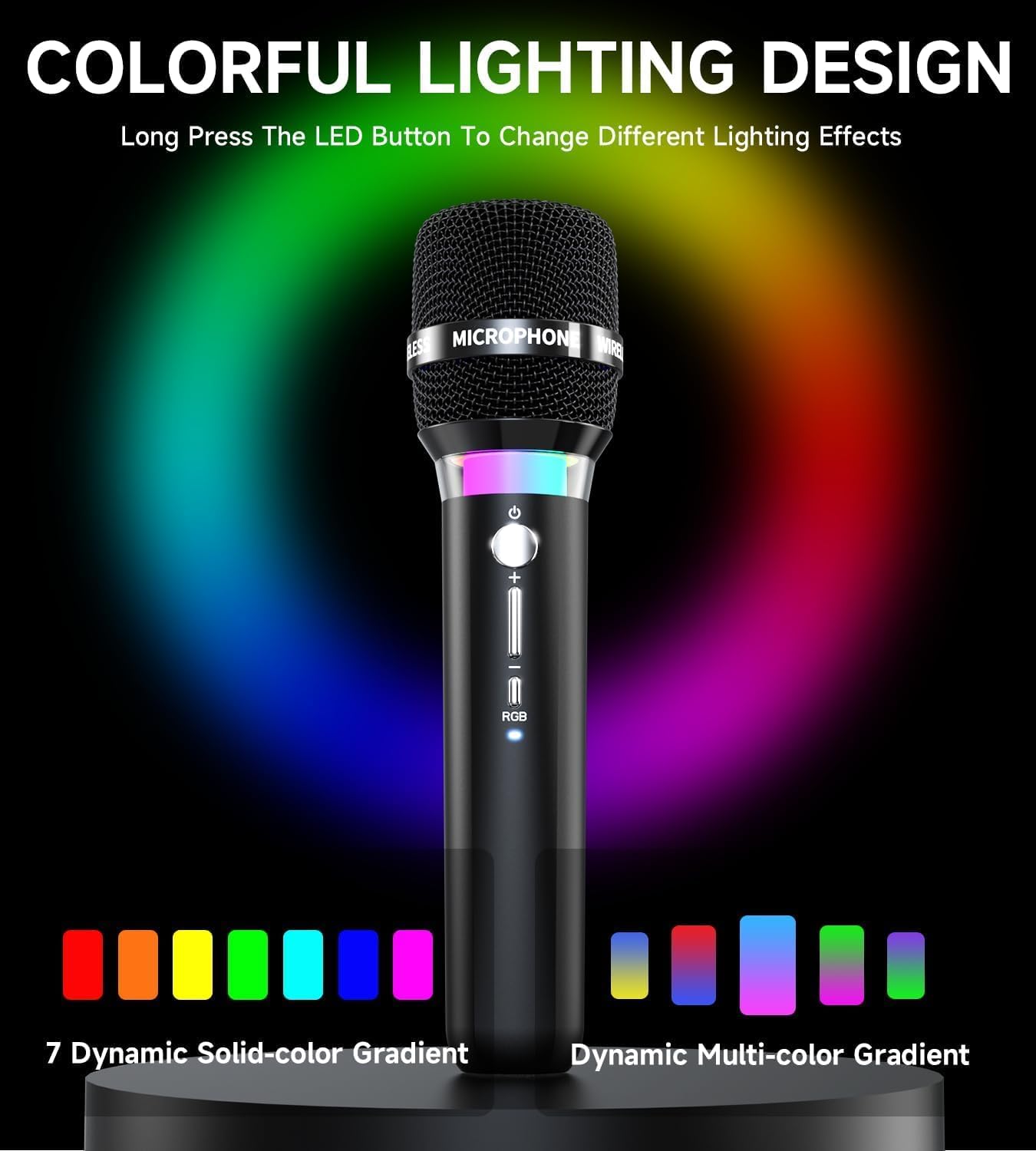 Wireless Microphone, Rechargeable Wireless Microphones with One-to-One Chip Connection and LED Lights, 40H Duration, 200FT Range Receiving, Less Latency Karaoke Microphone for Singing, Speech, Party