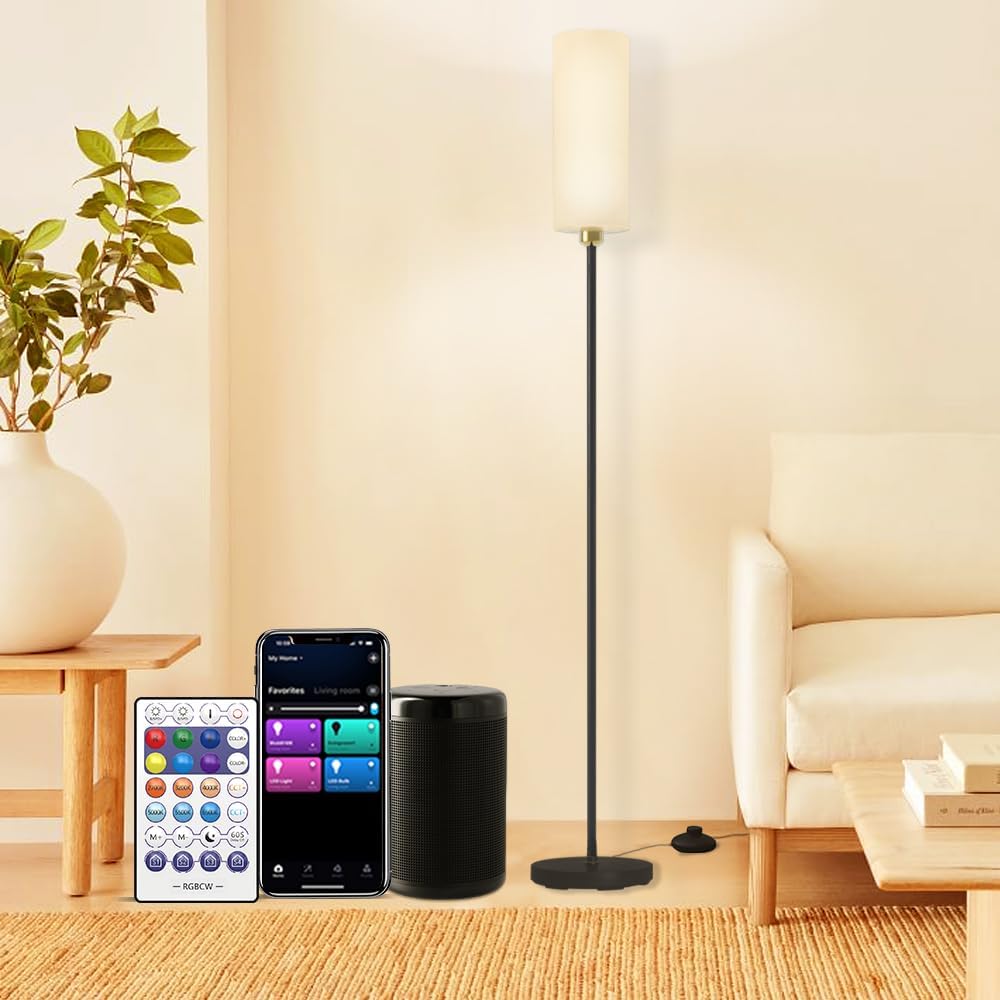 YHW Floor Lamp Works with Alexa & Google 2.4G Remote RGB + Color Temperatures Bright Dimmable Smart LED Lamp, Living Room Standing Tall Pole Modern Black Floor Lamp for Bedroom/Nursery/Office/Corner.