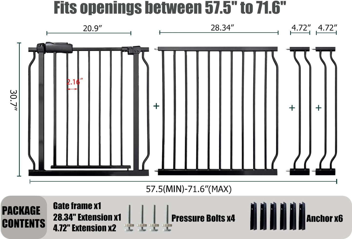 Extra Wide Baby Gate 67-71.6 Inch, Heavy Duty Safety Gate Indoor for Kids & Pets, Black Metal Dog Gate, Pressure Mounted No Drilling Pet Gate for Large Openings, 30 Inch Tall