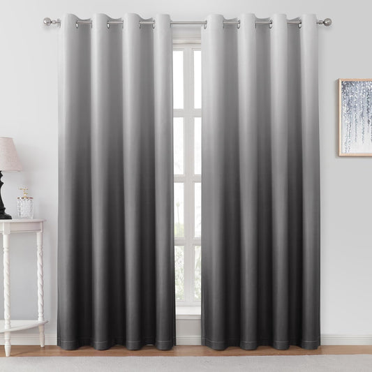 HOMEIDEAS Grey Gray Ombre Blackout Curtains 52 X 96 Inch Length Gradient Room Darkening Thermal Insulated Energy Saving Grommet 2 Panels Window Drapes for Living Room, Bedroom