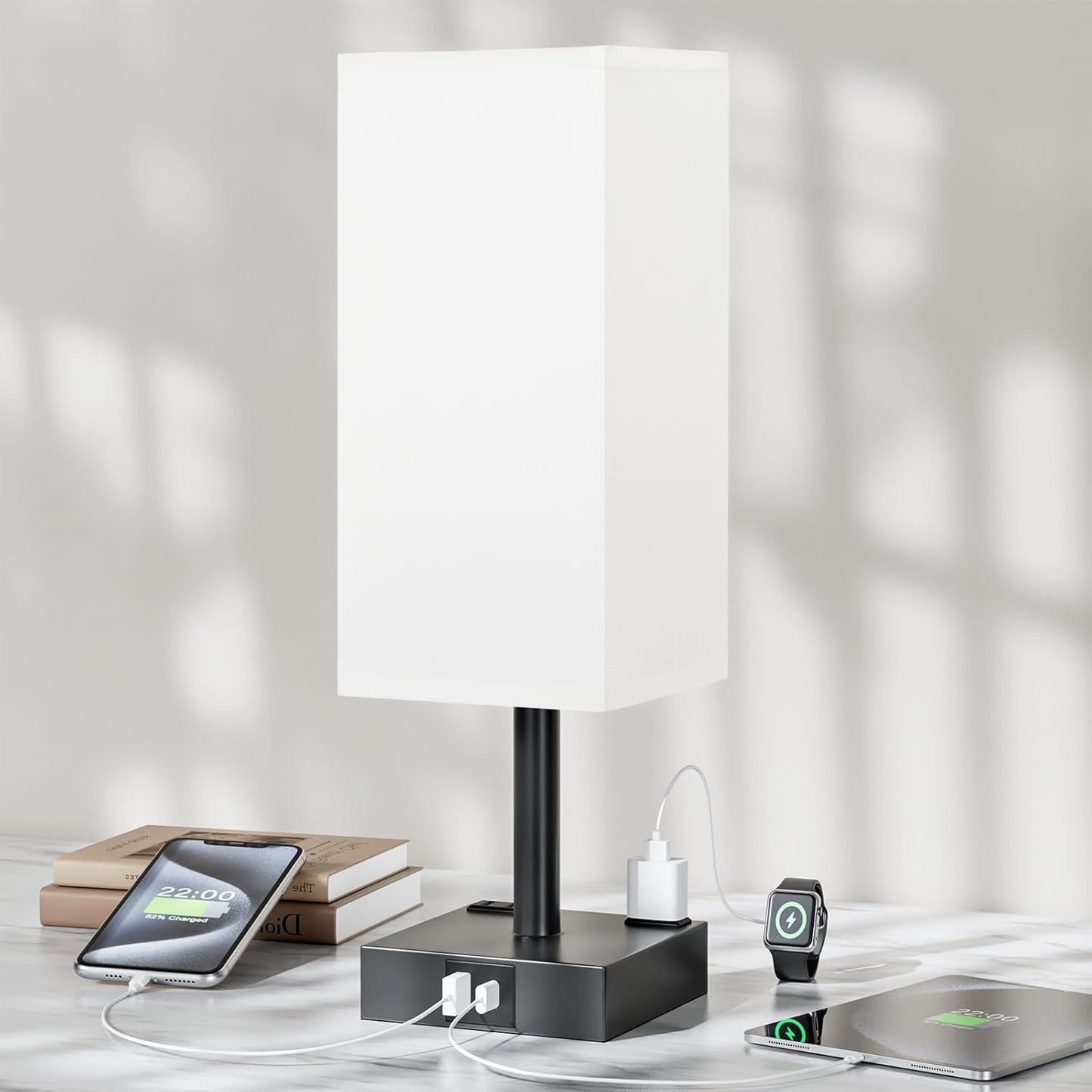 Touch Bedside Table Lamp for Nightstand - 3-Way Dimmable Night Lamp with USB A + Type C Charging Ports and Two AC Outlets, Small Desk Light with E26 LED Bulb for Bedroom Living Room,White Black