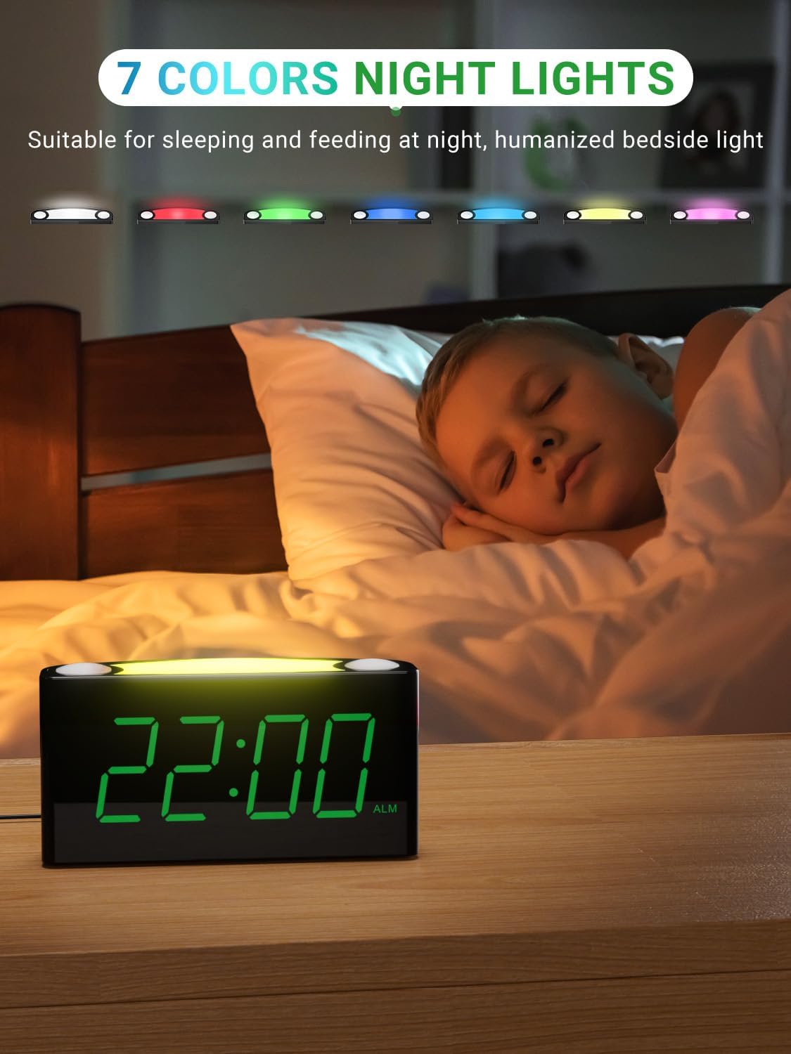 Alarm Clock for Bedroom, 7.5" Large Display LED Digital Clock with 7 Color Night Light,USB Phone Charger,Dimmer,Battery Backup,Easy to Set Loud Bedside Clock for Heavy Sleepers Adult Teen Kid Boy Girl