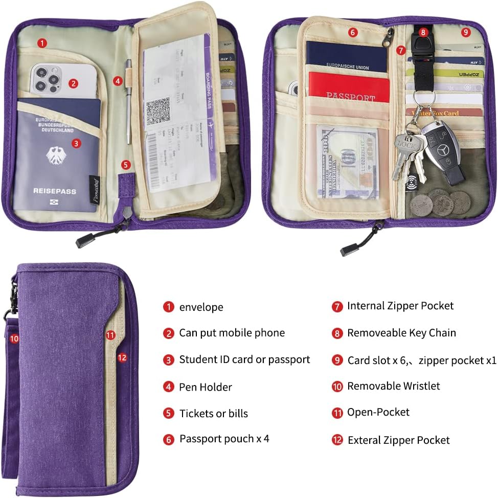 ZOPPEN Passport Holder Family RFID Passport Wallet, Passport Holder Women/Men, Travel Wallet Documents Organizer Zipper Case with Removable Wristlet Strap, Travel Essentials for Flying