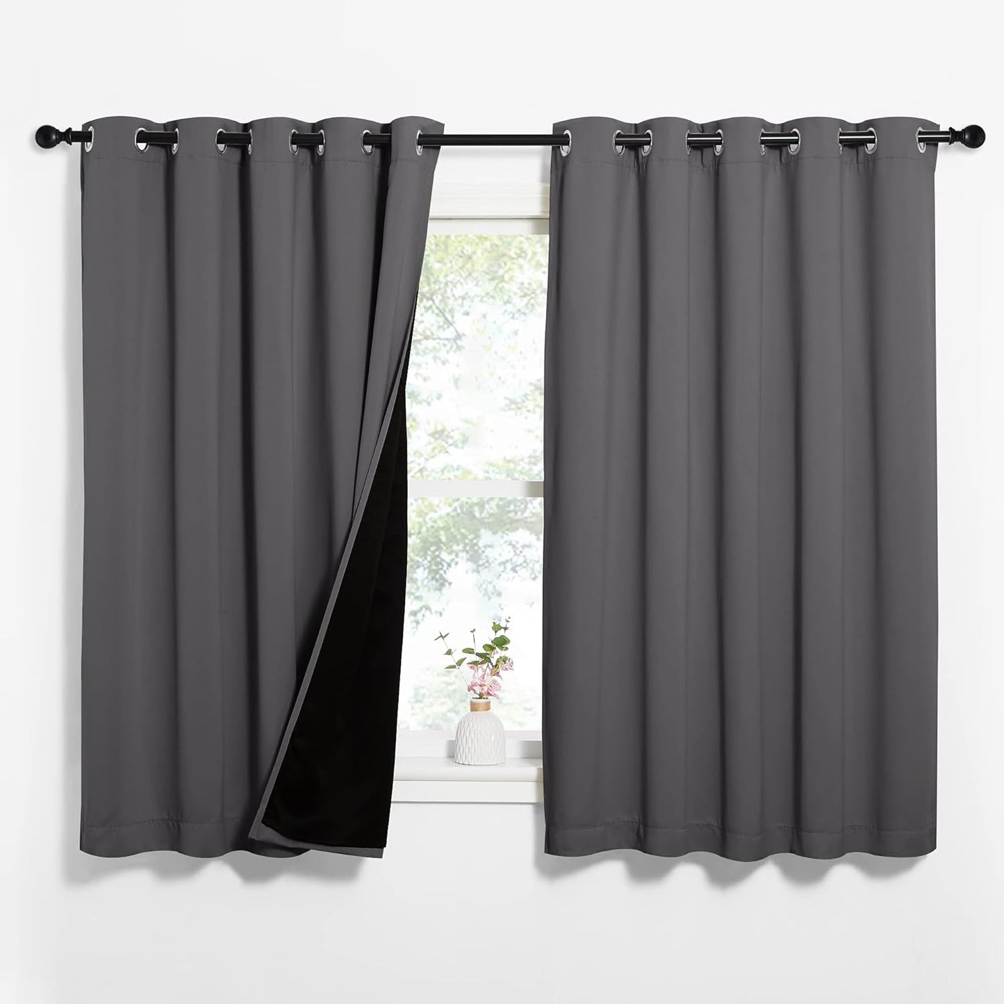 NICETOWN 100% Blackout Curtains with Black Liners, Thermal Insulated Full Blackout 2-Layer Lined Drapes, Energy Efficiency Window Draperies for Bedroom (Grey, 2 Panels, 62-inch W by 63-inch L)