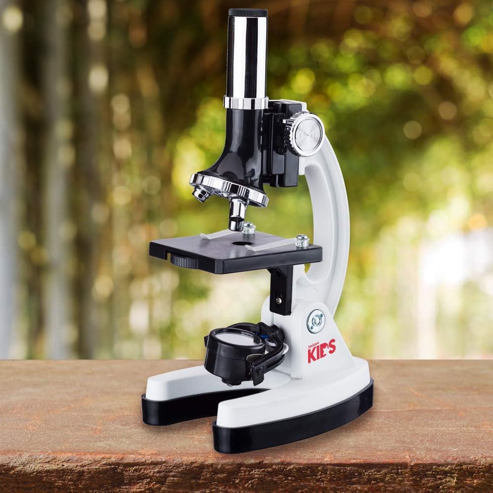 AmScope M30 Series 52-Piece STEM Microscope Kit for Kids - Monocular, Portable Compound Microscope for Kids - Includes The World of The Microscope, Petri Dish, Slides & More - White