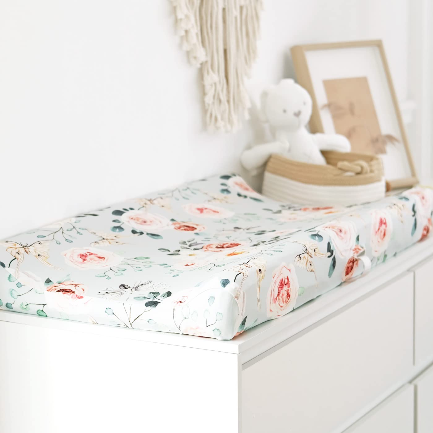 GRSSDER Stretch Ultra Soft Jersey Knit Changing Pad Cover Set 2 Pack, Change Table Pad Covers Fit 32"/34" x 16" Pads Safe and Snug, Stylish Watercolor Flowers and Fruits for Girls