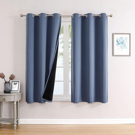ChrisDowa 100% Blackout Curtains 63 inch Long for Bedroom with Black Liner, 2 Thick Layers Total Blackout Thermal Insulated Grommet Window Curtains 2 Panels Set (Stone Blue, 38 x 63 Inch)