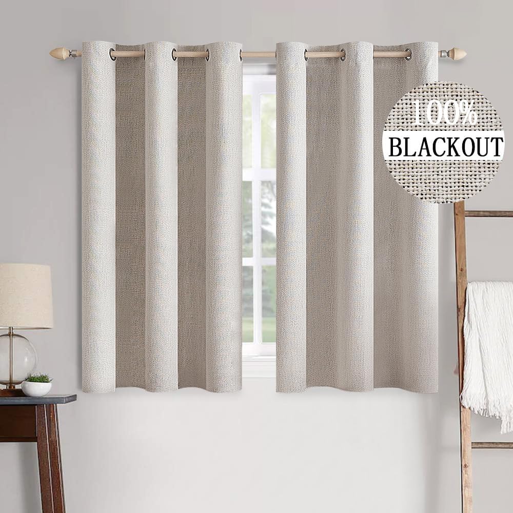MIULEE 100% Blackout Linen Textured Curtains for Bedroom Solid Thermal Insulated Ivory Grommet Room Darkening Curtains & Drapes Luxury Decor for Living Room Nursery 42 x 63 Inch (2 Panels)