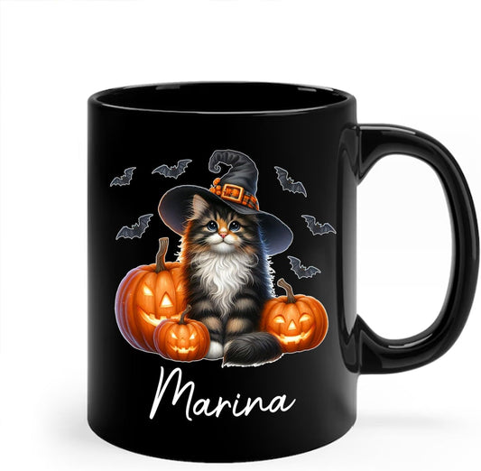 Personalized Name Norwegian Forest Halloween Coffee Mug, Custom Norwegian Forest Witch Hat Ceramic Cup, Cat with Pumpkins Mug 11oz 15oz, Halloween Cat Black Cup Gift for Boy Girl Pet Owner
