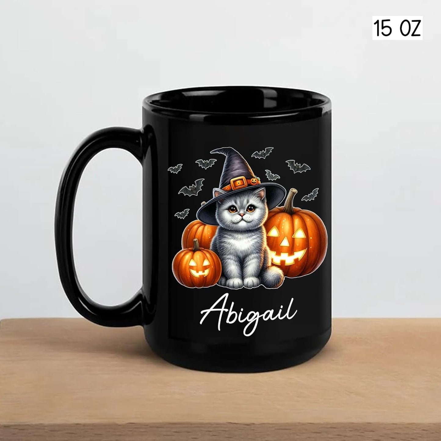 Personalized Name British Shorthair Coffee Mug Gift for Cat Lover, British Shorthair Wearing Witch Hat Black Cup, Custom Cat Pumpkins Halloween Ceramic Cup 11oz 15oz, Pet Owner Halloween Mug