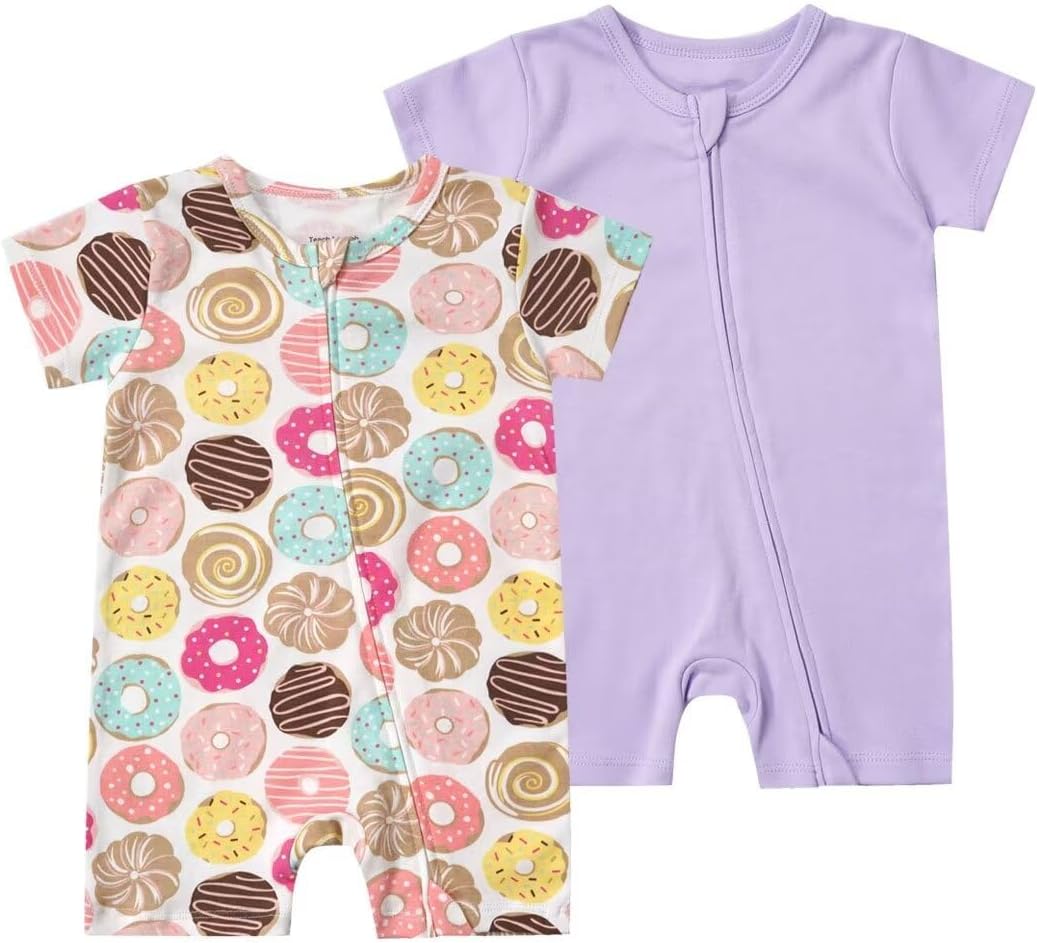 Teach Leanbh Unisex Baby 2 Pack Pajamas Cotton Short Sleeve 2 Way Zipper Printing Soild Romper Jumpsuit Sleep and Play