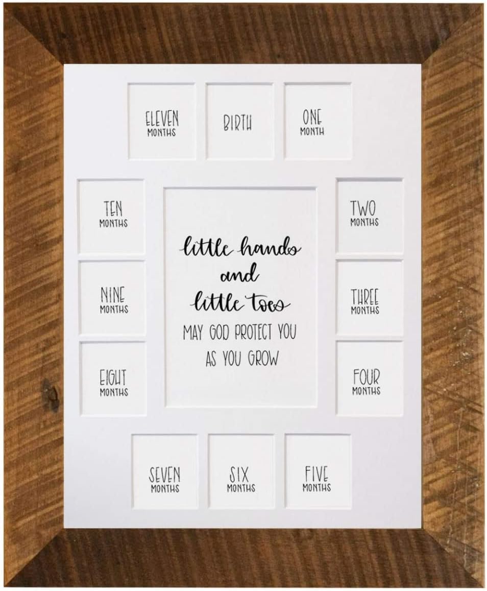 Rustic Red Door Co. Baby's First Year Picture Mat - Barnwood Frame - Little Hands and Little Toes Photo Collage - 13 Picture Slots - Newborn to One Year Birthday - Watch Your Baby Grow (White Mat)