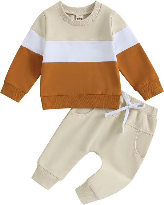 Kupretty Toddler Baby Boy Fall Winter Clothes Color Block Long Sleeve Sweatshirt Pullover Tops + Joggers Pants Outfit Set